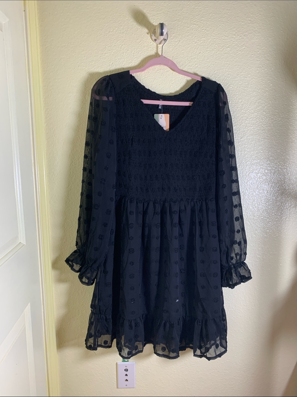 NWOT BTFBM Black Smocked Mini Dress with Sheer Polka-Sleeves, Size XL